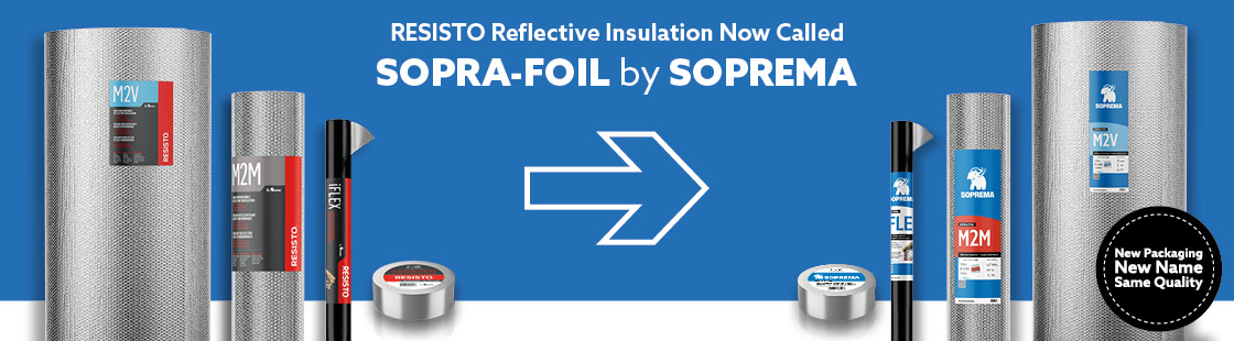 Image showing the rebranding of reflective insulation products: on the left, the old packaging from the RESISTO line; on the right, the new packaging featuring the SOPREMA branding. A white arrow in the center indicates the transition.